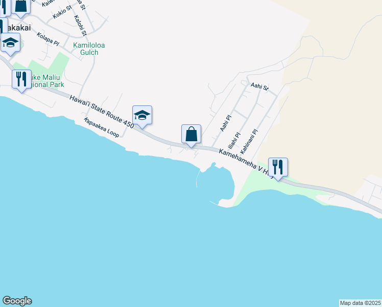 map of restaurants, bars, coffee shops, grocery stores, and more near Kamehameha V Highway in Kaunakakai