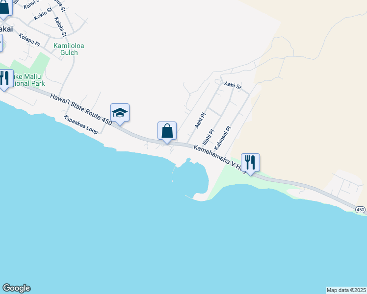 map of restaurants, bars, coffee shops, grocery stores, and more near 1026 Kamehameha V Highway in Kaunakakai