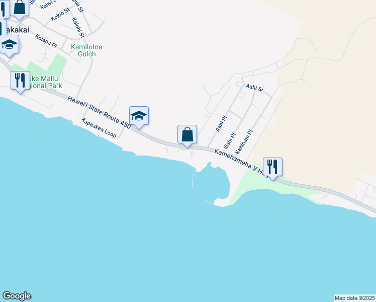 map of restaurants, bars, coffee shops, grocery stores, and more near 1000 Kamehameha V Highway in Kaunakakai