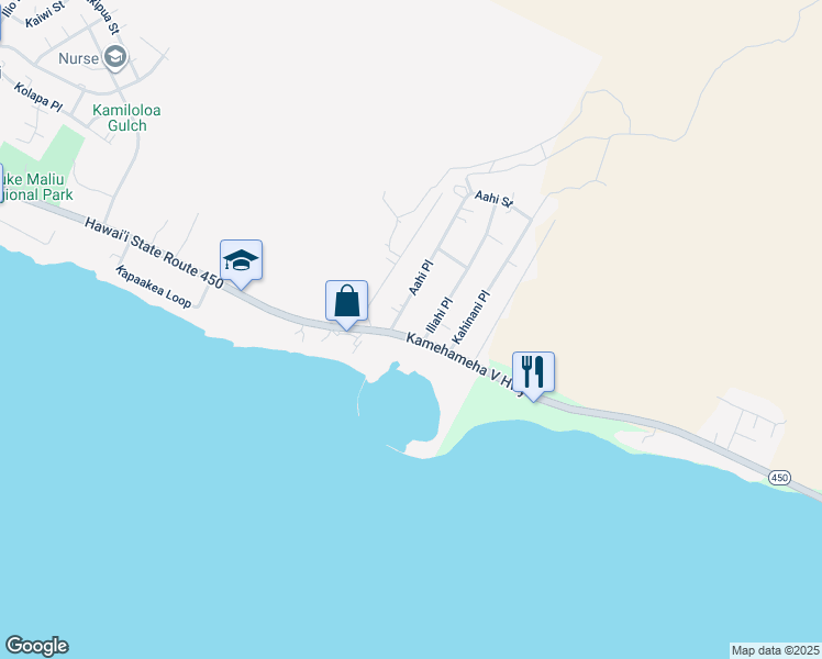map of restaurants, bars, coffee shops, grocery stores, and more near 1079 Kamehameha V Highway in Kaunakakai
