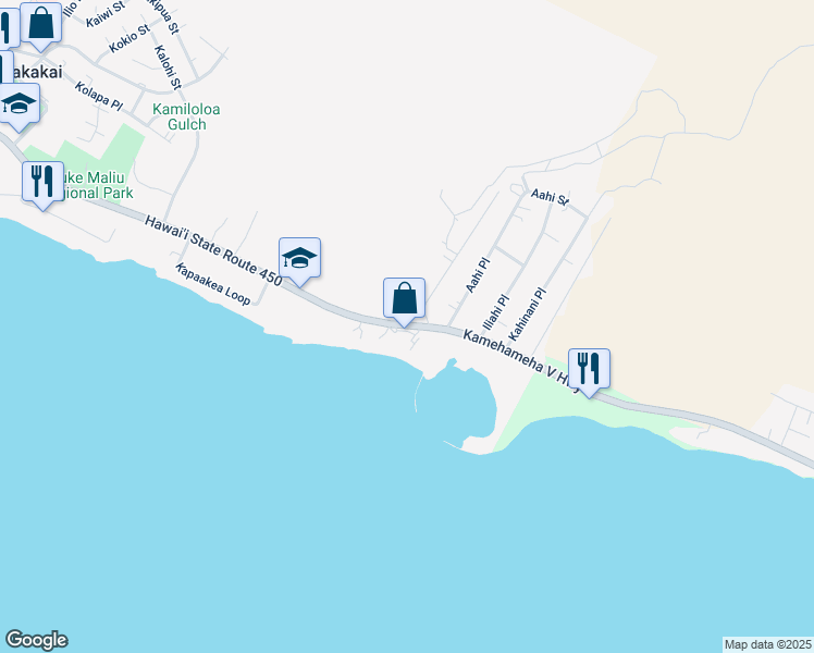 map of restaurants, bars, coffee shops, grocery stores, and more near 1000 Kamehameha V Highway in Kaunakakai