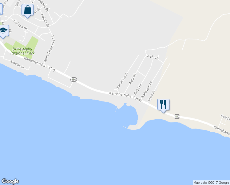 map of restaurants, bars, coffee shops, grocery stores, and more near 1005 Kamehameha V Highway in Kaunakakai