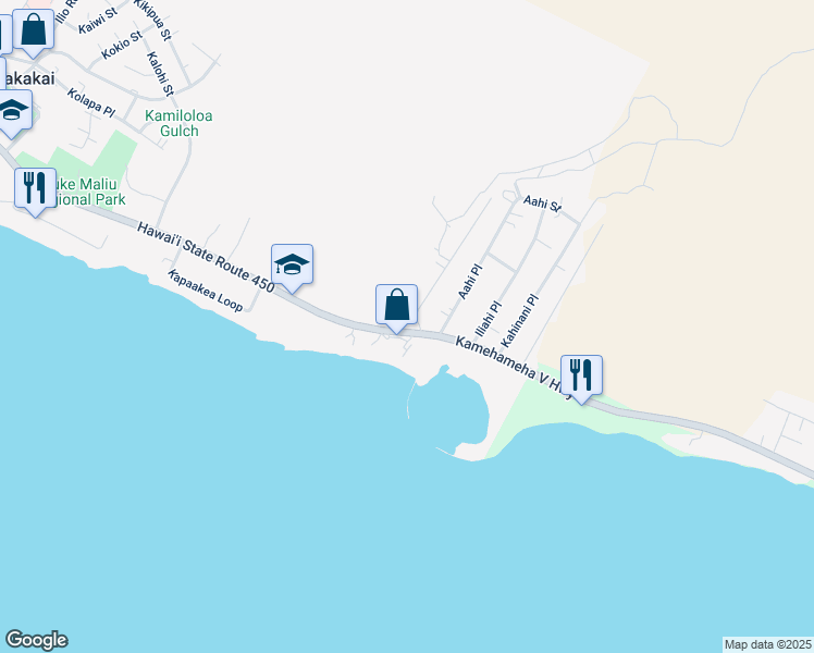 map of restaurants, bars, coffee shops, grocery stores, and more near 1005 Kamehameha V Highway in Kaunakakai