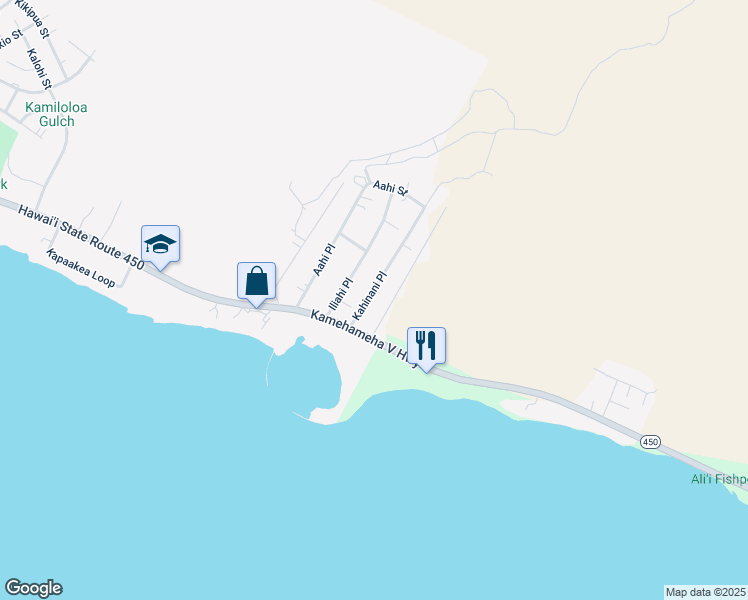 map of restaurants, bars, coffee shops, grocery stores, and more near 52 Kahinani Place in Kaunakakai