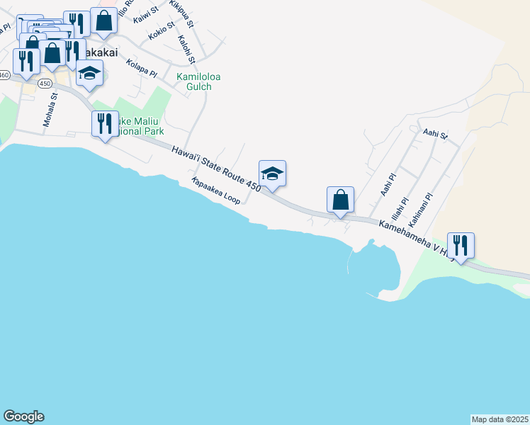 map of restaurants, bars, coffee shops, grocery stores, and more near Kamehameha V Highway in Maui County