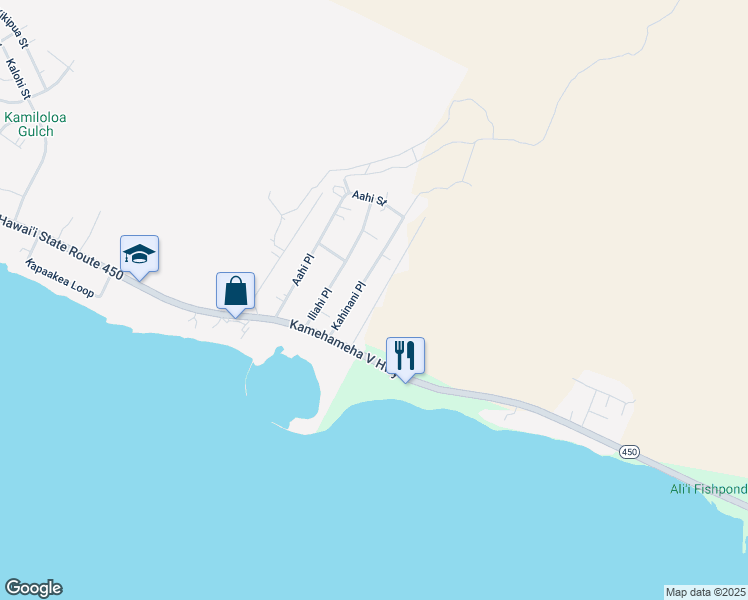 map of restaurants, bars, coffee shops, grocery stores, and more near 87 Opua Place in Kaunakakai