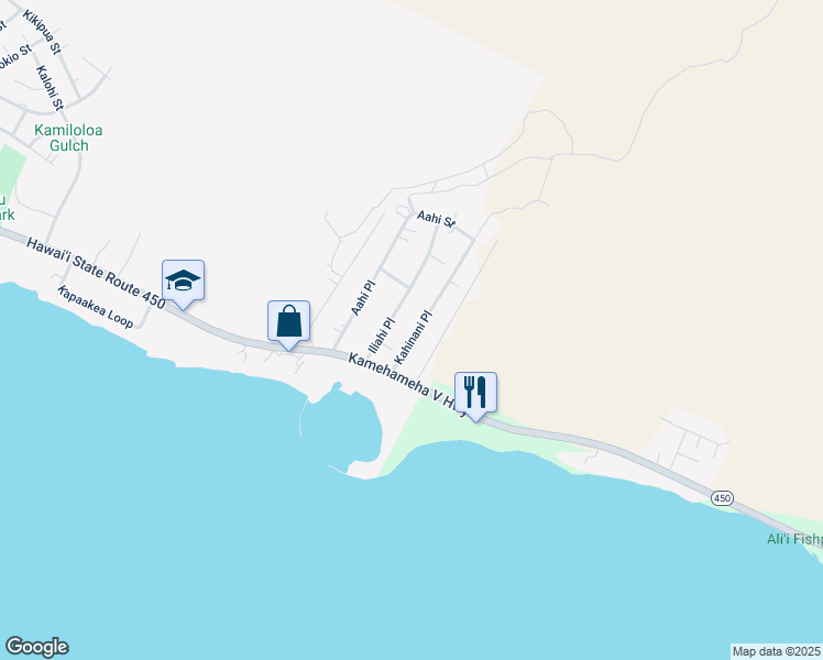 map of restaurants, bars, coffee shops, grocery stores, and more near 69 Kahinani Place in Kaunakakai