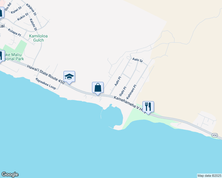 map of restaurants, bars, coffee shops, grocery stores, and more near 41 Aahi Pl in Kaunakakai