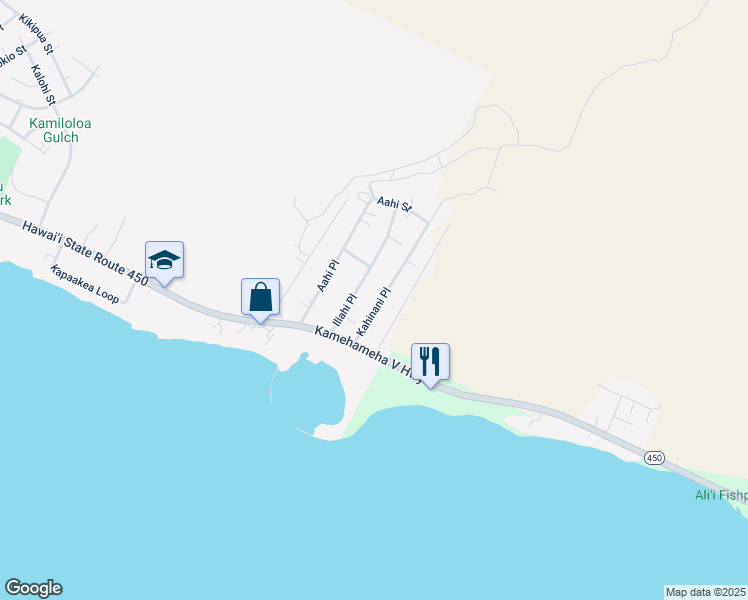 map of restaurants, bars, coffee shops, grocery stores, and more near 69 Kahinani Place in Kaunakakai