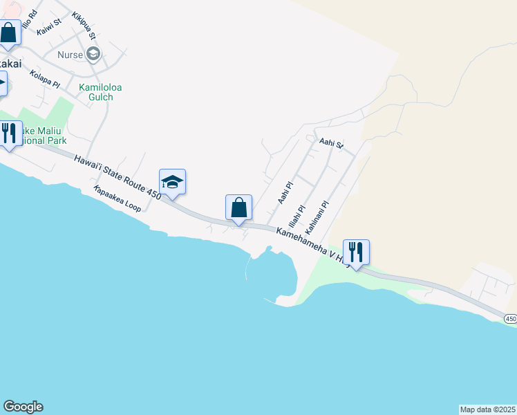 map of restaurants, bars, coffee shops, grocery stores, and more near 42 Kamiloloa Place in Kaunakakai