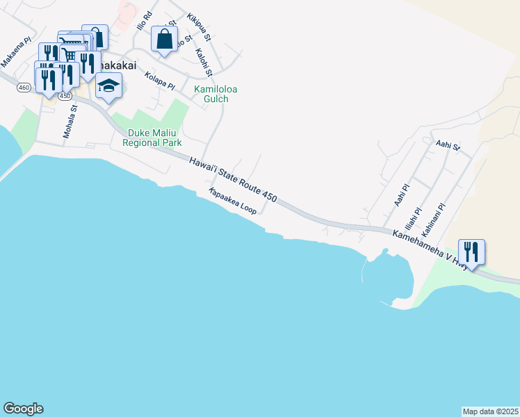 map of restaurants, bars, coffee shops, grocery stores, and more near 128 Kapaakea Loop in Kaunakakai