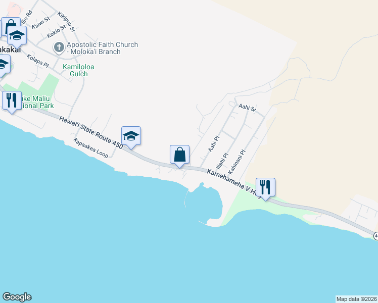 map of restaurants, bars, coffee shops, grocery stores, and more near 45 Kamiloloa Place in Kaunakakai
