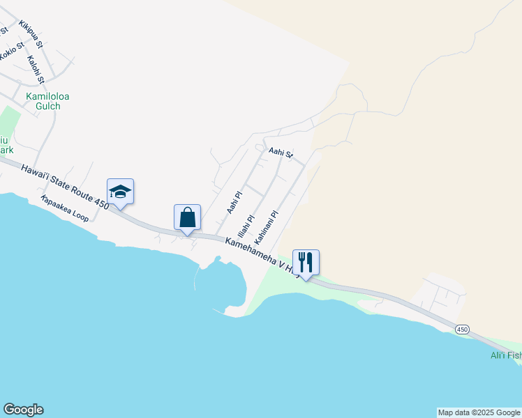 map of restaurants, bars, coffee shops, grocery stores, and more near 100 Iliahi Place in Kaunakakai