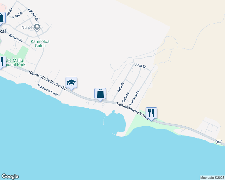 map of restaurants, bars, coffee shops, grocery stores, and more near 74 Kamiloloa Place in Kaunakakai