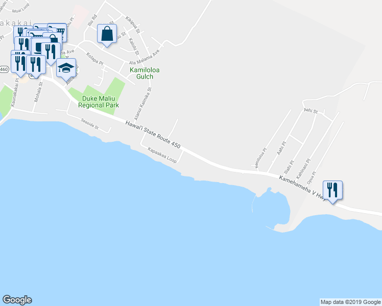 map of restaurants, bars, coffee shops, grocery stores, and more near Kamehameha V Highway in Kaunakakai