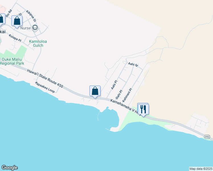 map of restaurants, bars, coffee shops, grocery stores, and more near 74 Kamiloloa Place in Kaunakakai