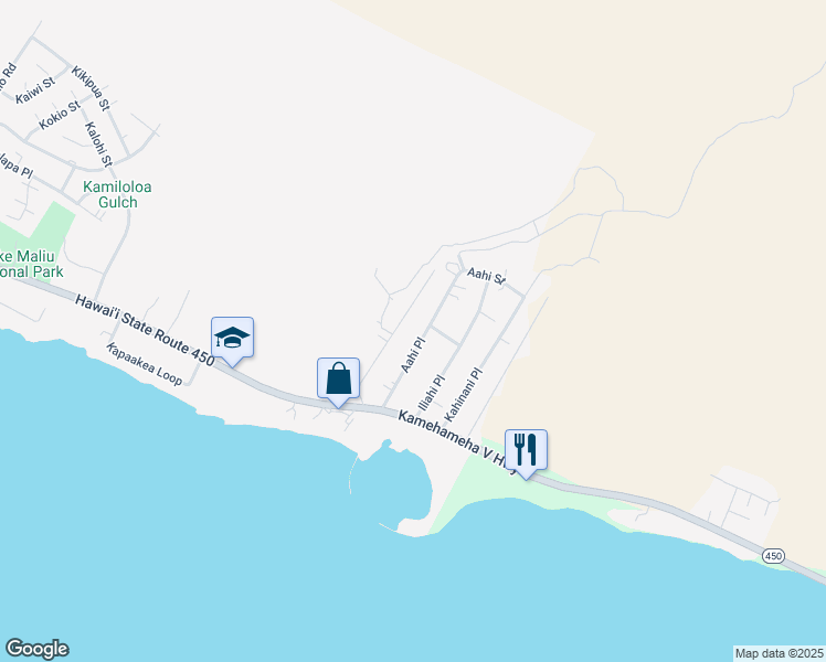 map of restaurants, bars, coffee shops, grocery stores, and more near 115 Aahi Place in Kaunakakai