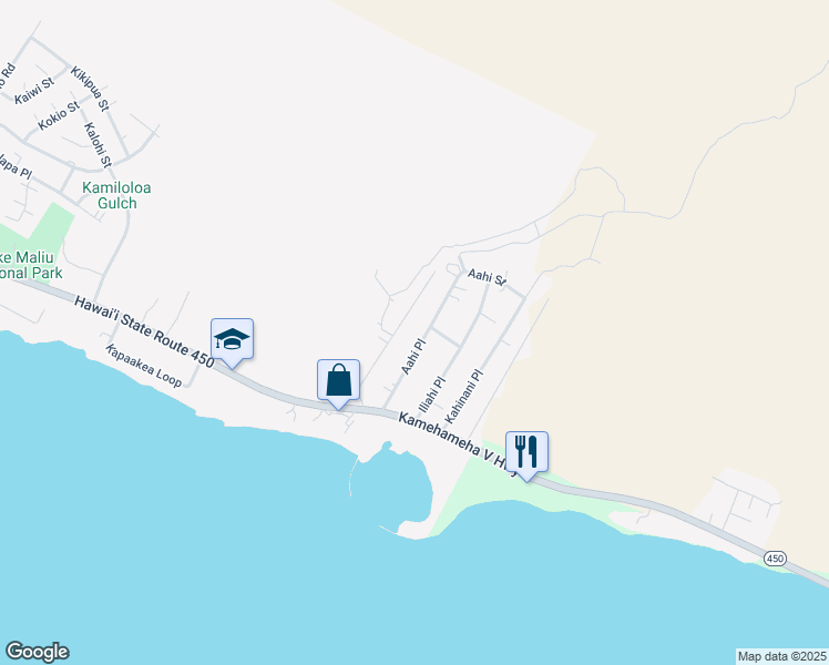 map of restaurants, bars, coffee shops, grocery stores, and more near 115 Aahi Place in Kaunakakai