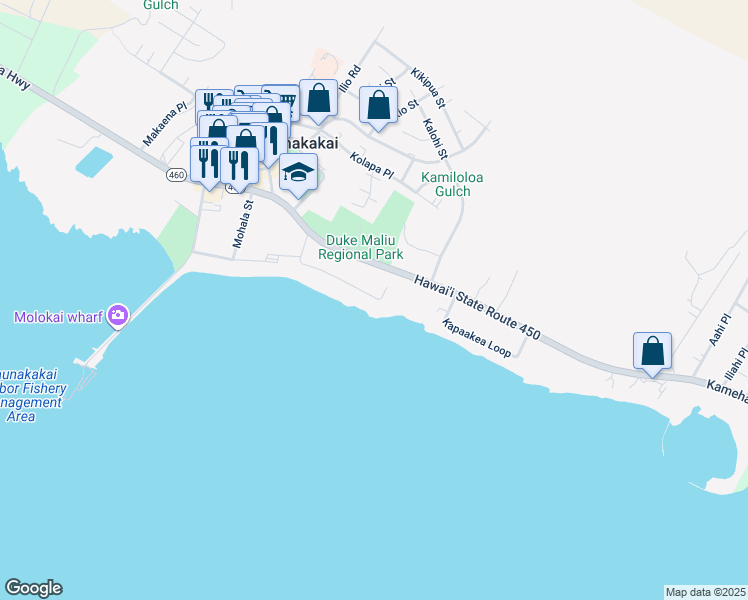 map of restaurants, bars, coffee shops, grocery stores, and more near 308 Seaside Street in Kaunakakai