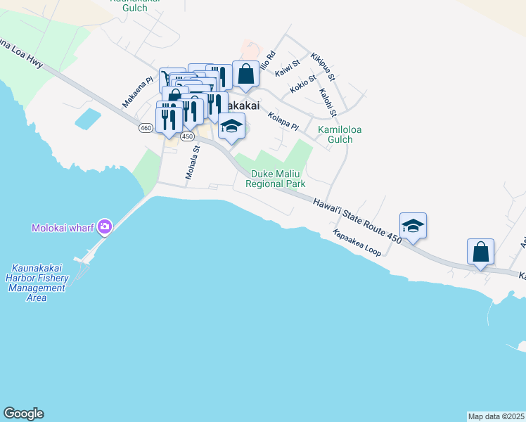 map of restaurants, bars, coffee shops, grocery stores, and more near 238 Seaside Place in Kaunakakai