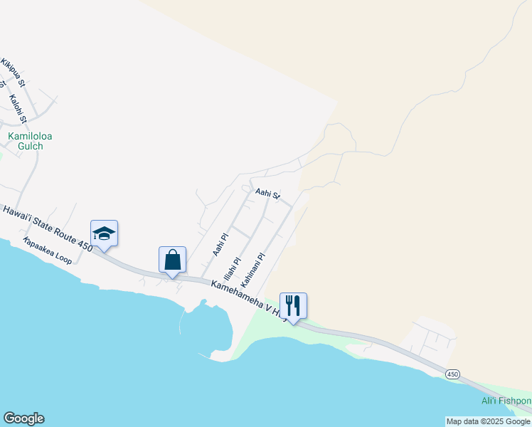map of restaurants, bars, coffee shops, grocery stores, and more near 100 Iliahi Place in Kaunakakai