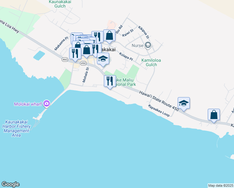 map of restaurants, bars, coffee shops, grocery stores, and more near 238 Seaside Place in Kaunakakai