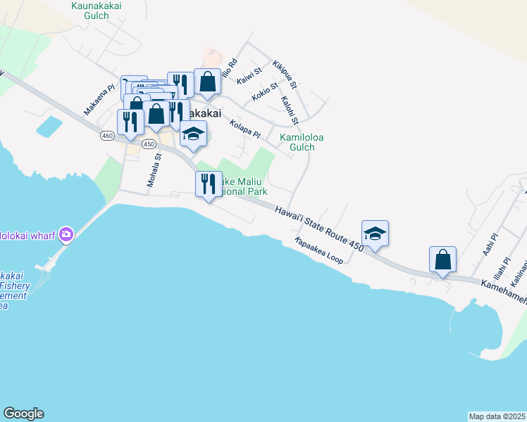 map of restaurants, bars, coffee shops, grocery stores, and more near 326 Kamehameha V Highway in Kaunakakai