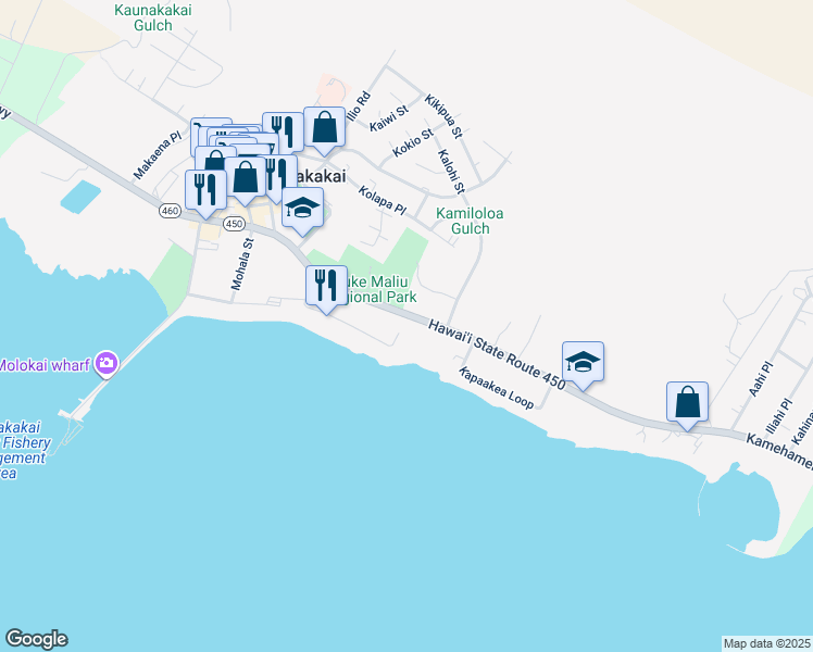map of restaurants, bars, coffee shops, grocery stores, and more near 326 Kamehameha V Highway in Kaunakakai