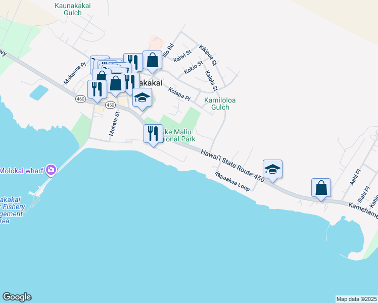 map of restaurants, bars, coffee shops, grocery stores, and more near 320 Kamehameha V Highway in Kaunakakai