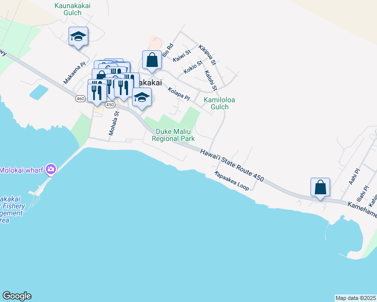 map of restaurants, bars, coffee shops, grocery stores, and more near 320 Kamehameha V Highway in Kaunakakai
