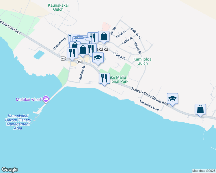map of restaurants, bars, coffee shops, grocery stores, and more near 238 Seaside Place in Kaunakakai