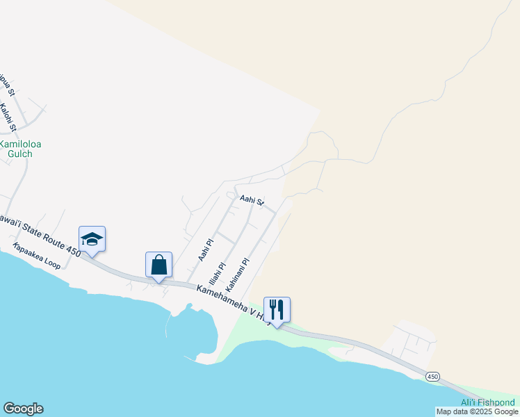 map of restaurants, bars, coffee shops, grocery stores, and more near 100 Iliahi Place in Kaunakakai