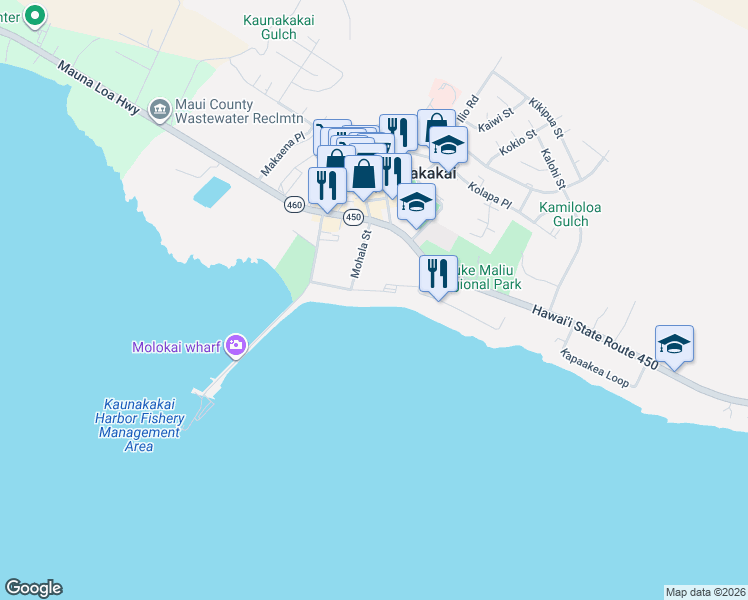 map of restaurants, bars, coffee shops, grocery stores, and more near 120 Beach Place in Kaunakakai