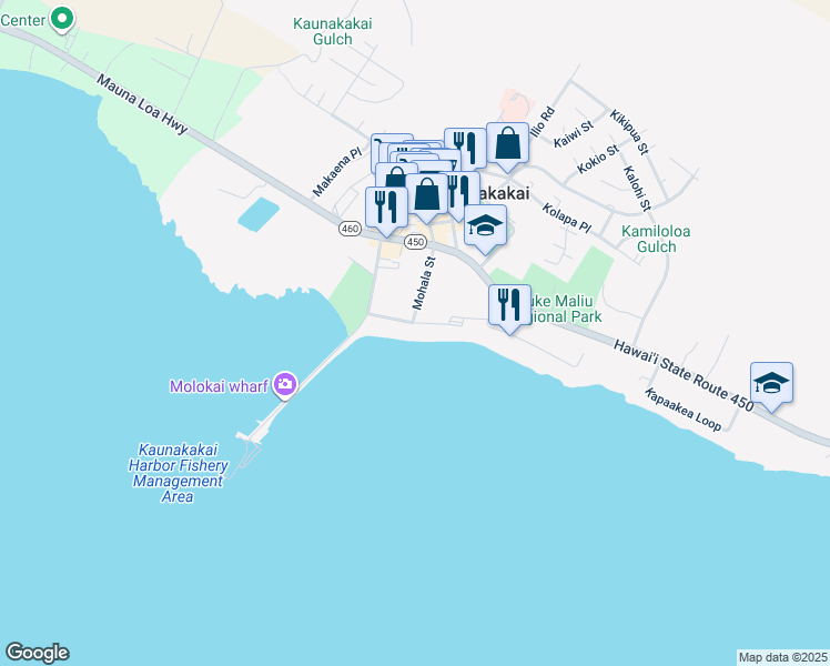 map of restaurants, bars, coffee shops, grocery stores, and more near 88 Beach Place in Kaunakakai