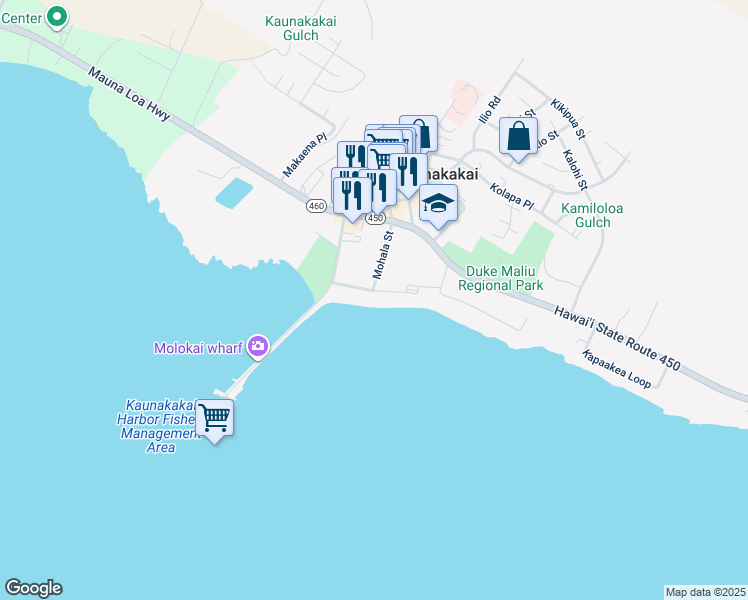 map of restaurants, bars, coffee shops, grocery stores, and more near 88 Beach Place in Kaunakakai