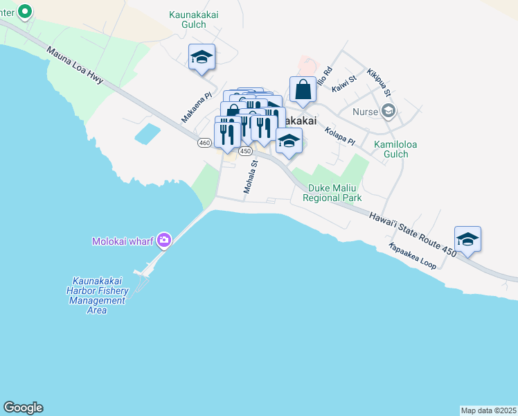 map of restaurants, bars, coffee shops, grocery stores, and more near 130 Beach Place in Kaunakakai