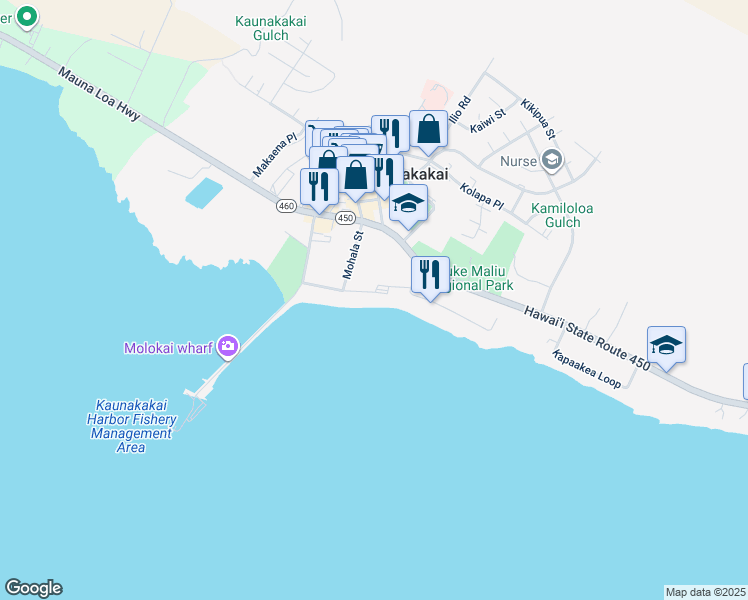 map of restaurants, bars, coffee shops, grocery stores, and more near 130 Beach Place in Kaunakakai