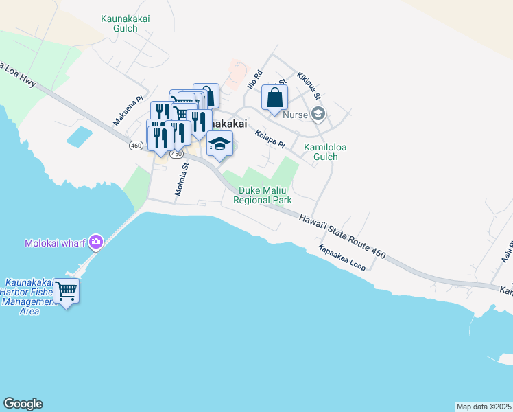 map of restaurants, bars, coffee shops, grocery stores, and more near 258 Kamehameha V Highway in Kaunakakai