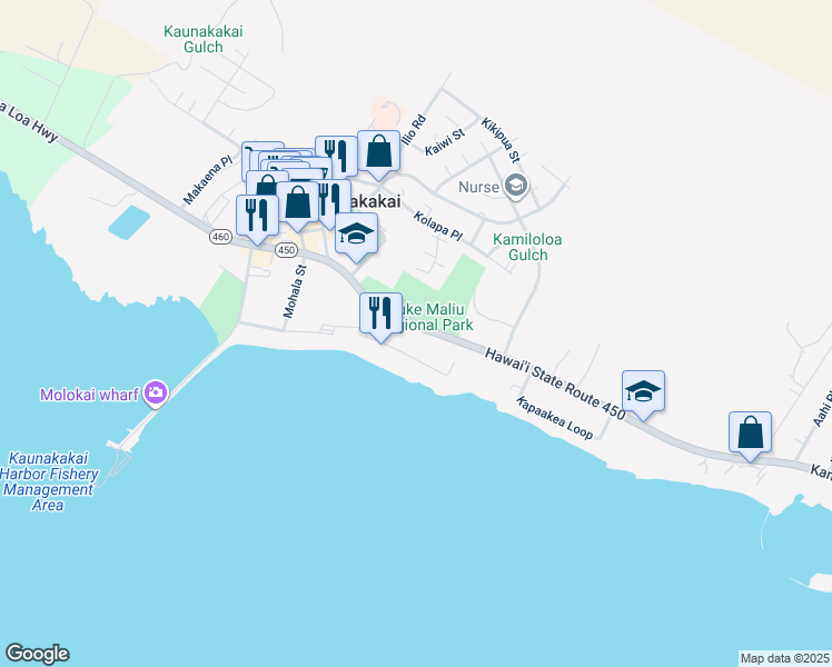 map of restaurants, bars, coffee shops, grocery stores, and more near 258 Kamehameha V Highway in Kaunakakai