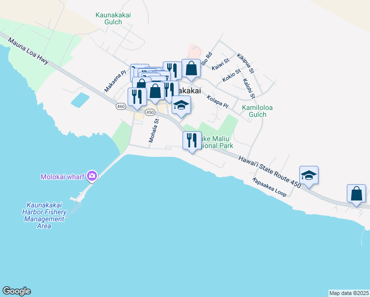 map of restaurants, bars, coffee shops, grocery stores, and more near 29 Oki Place in Kaunakakai