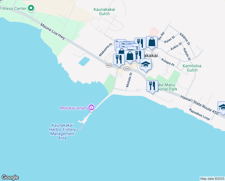 map of restaurants, bars, coffee shops, grocery stores, and more near 125 Kaunakakai Place in Kaunakakai