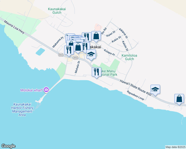 map of restaurants, bars, coffee shops, grocery stores, and more near 29 Oki Place in Kaunakakai