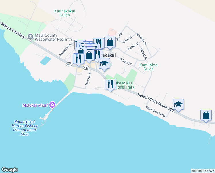 map of restaurants, bars, coffee shops, grocery stores, and more near 19 Oki Place in Kaunakakai
