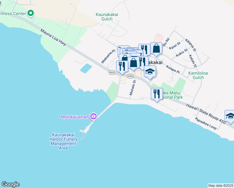 map of restaurants, bars, coffee shops, grocery stores, and more near 77 Kaunakakai Pl in Kaunakakai