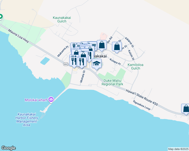 map of restaurants, bars, coffee shops, grocery stores, and more near 150 Kamehameha V Highway in Kaunakakai