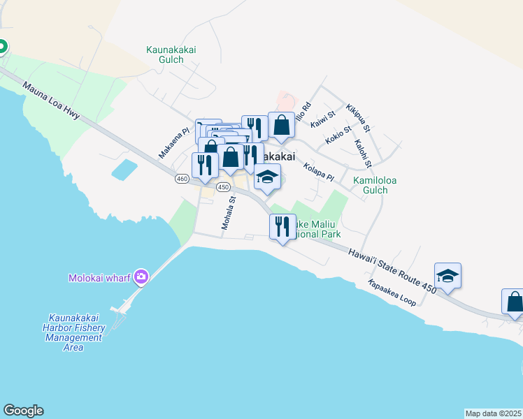 map of restaurants, bars, coffee shops, grocery stores, and more near 150 Kamehameha V Highway in Kaunakakai