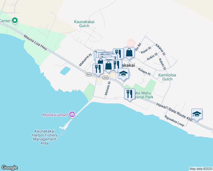 map of restaurants, bars, coffee shops, grocery stores, and more near 77 Kaunakakai Place in Kaunakakai