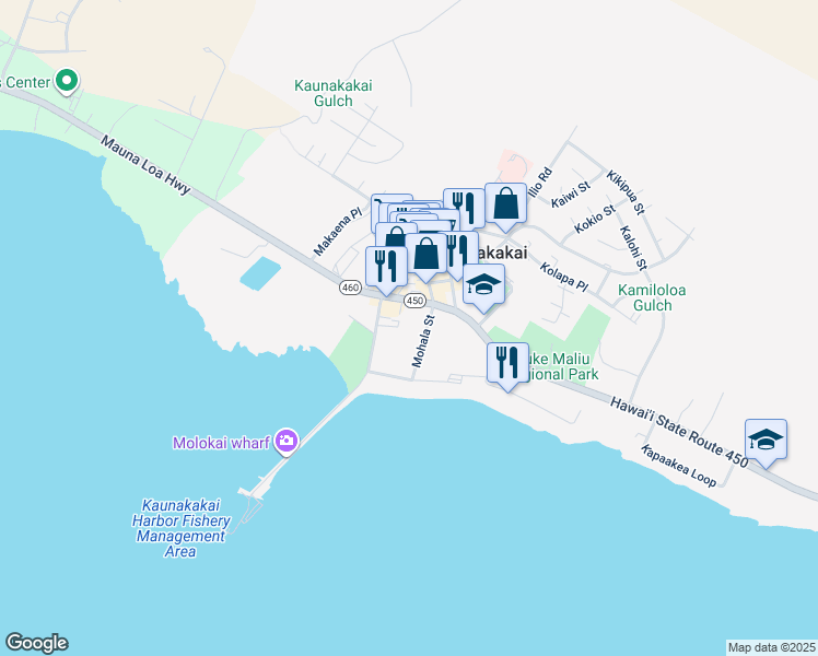map of restaurants, bars, coffee shops, grocery stores, and more near 35 Kaunakakai Place in Kaunakakai