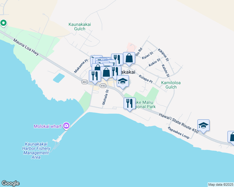 map of restaurants, bars, coffee shops, grocery stores, and more near 122 Kamehameha V Highway in Kaunakakai