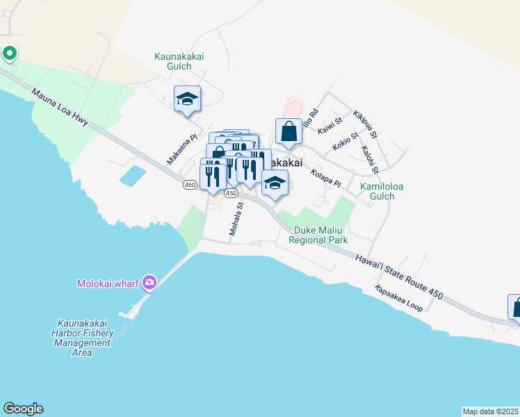 map of restaurants, bars, coffee shops, grocery stores, and more near 122 Kamehameha V Highway in Kaunakakai
